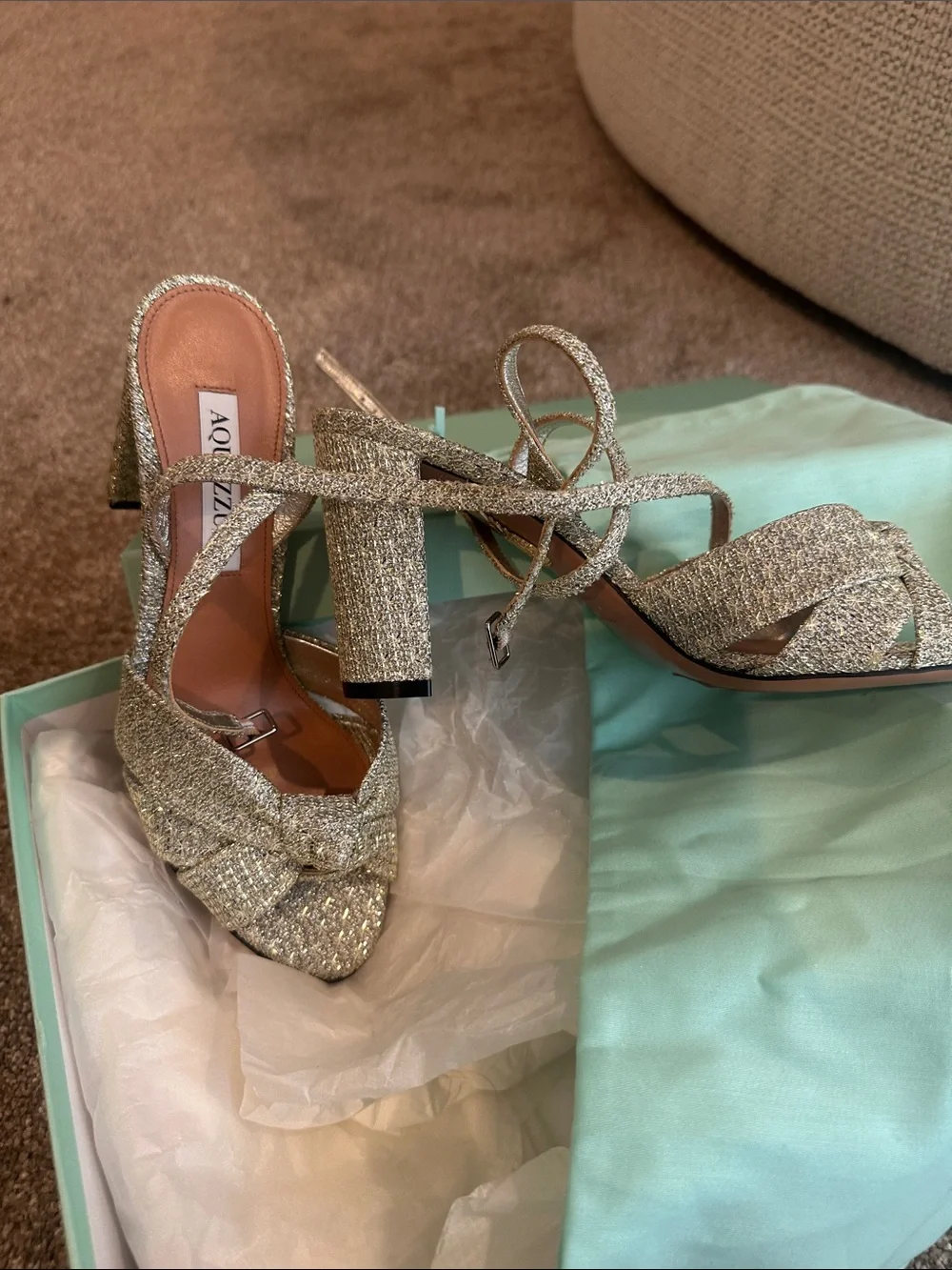 Aquazzura Silver/Gold Glitter Knot-Strap Block Heel Sandals